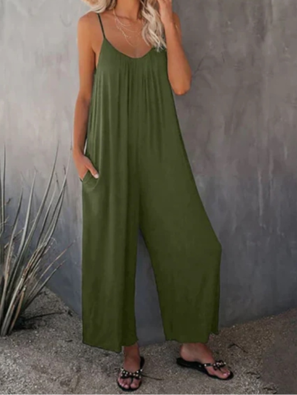 Women's Olive Green Wide-Leg Jumpsuit - Picture 2 of 11